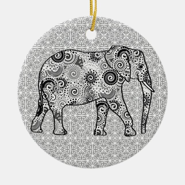Fractal swirl elephant - grey, black and white ceramic ornament (Front)