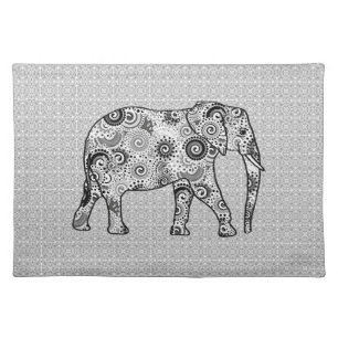 Fractal swirl elephant - grey, black and white cloth placemat