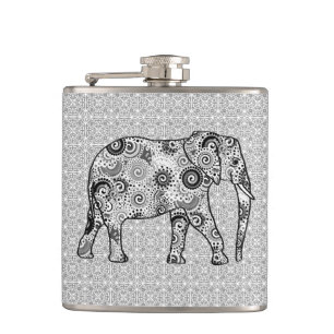 Fractal swirl elephant - grey, black and white flask