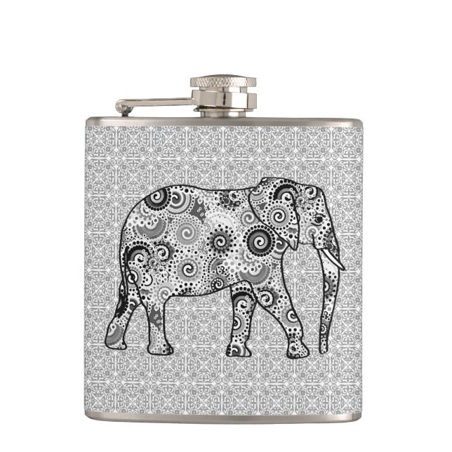 Fractal swirl elephant - grey, black and white flask (Front)