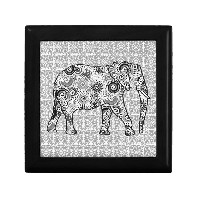Fractal swirl elephant - grey, black and white gift box (Front)