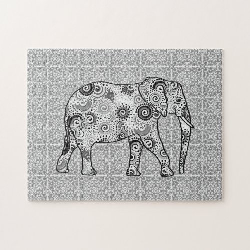 Fractal Swirl Elephant Grey Black and White Jigsaw Puzzle