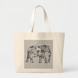 Fractal swirl elephant - grey, black and white large tote bag