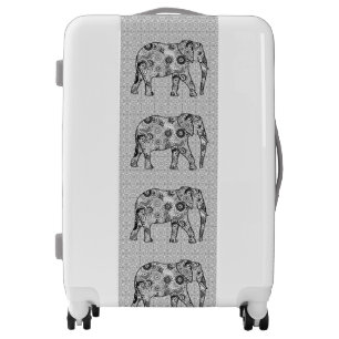 Fractal swirl elephant - grey, black and white luggage