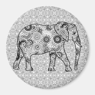 Fractal swirl elephant - grey, black and white magnet