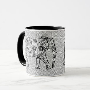 Fractal swirl elephant - grey, black and white mug