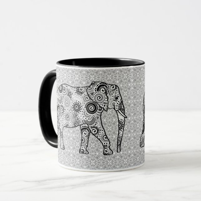 Fractal swirl elephant - grey, black and white mug (Front Left)