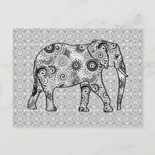 Fractal swirl elephant - grey, black and white postcard