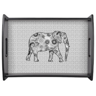 Fractal swirl elephant - grey, black and white serving tray