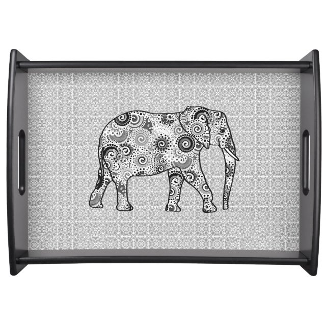 Fractal swirl elephant - grey, black and white serving tray (Front)