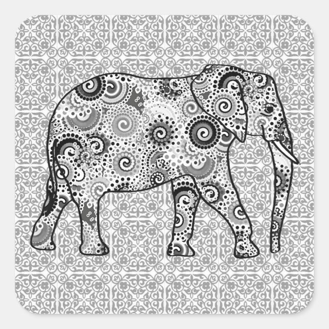 Fractal swirl elephant - grey, black and white square sticker (Front)