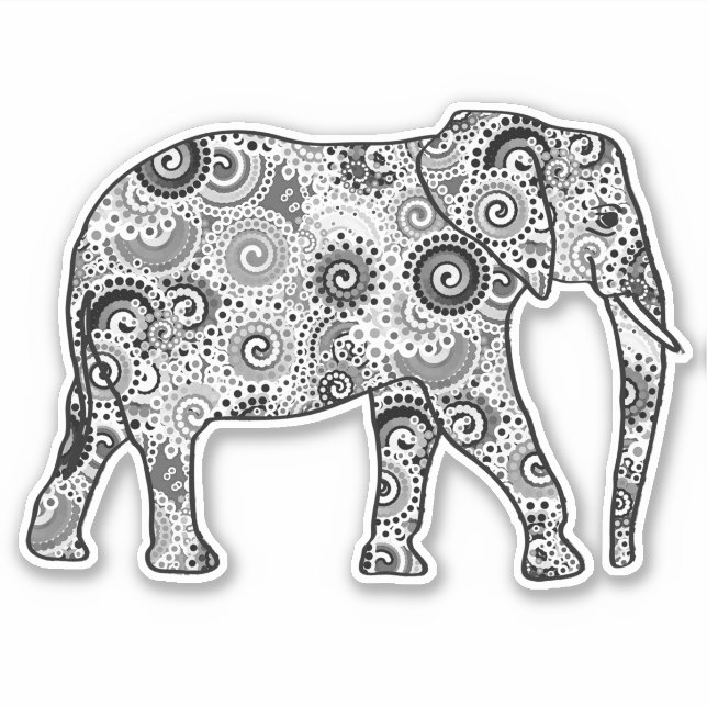 Fractal Swirl Elephant, Grey, Black and White Sticker (Front)