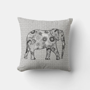 Fractal swirl elephant - grey, black and white throw pillow