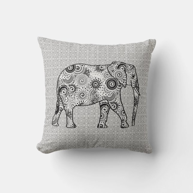 Fractal swirl elephant - grey, black and white throw pillow (Front)