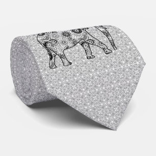 Fractal swirl elephant - grey, black and white tie