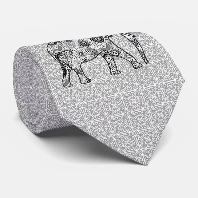 Fractal swirl elephant - grey, black and white tie (Rolled)