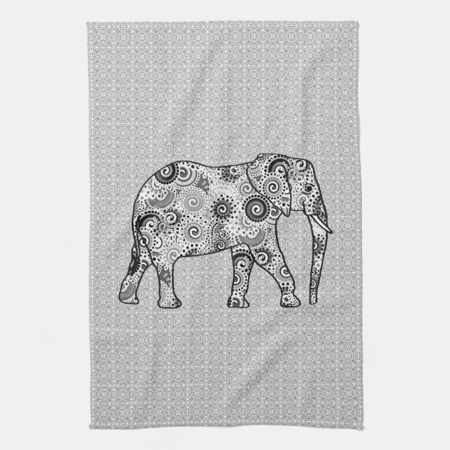 Fractal swirl elephant - grey, black and white towel (Vertical)