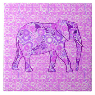 Fractal swirl elephant - purple and orchid ceramic tile