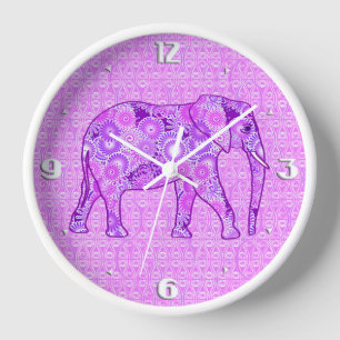 Fractal swirl elephant - purple and orchid clock