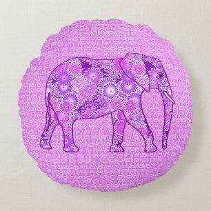 Fractal swirl elephant - purple and orchid round pillow