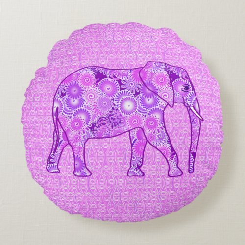 Fractal swirl elephant _ purple and orchid round pillow