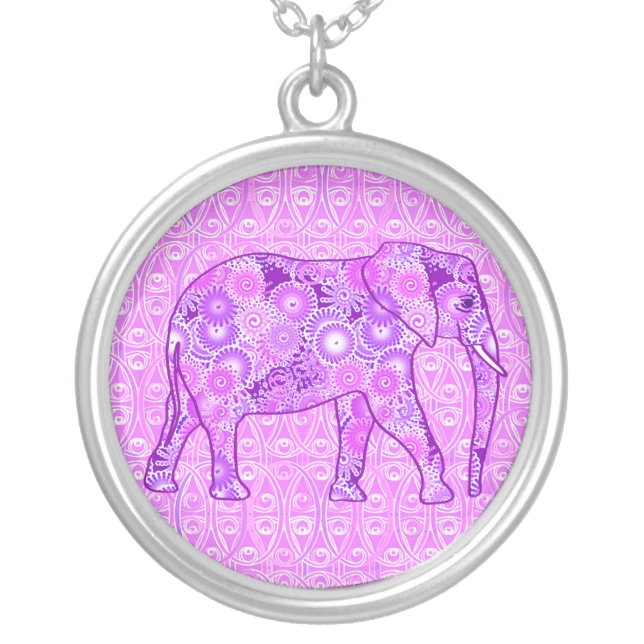 Fractal swirl elephant - purple and orchid silver plated necklace (Front)