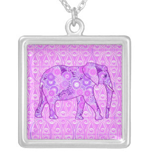 Fractal swirl elephant - purple and orchid silver plated necklace