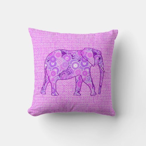 Fractal swirl elephant _ purple and orchid throw pillow