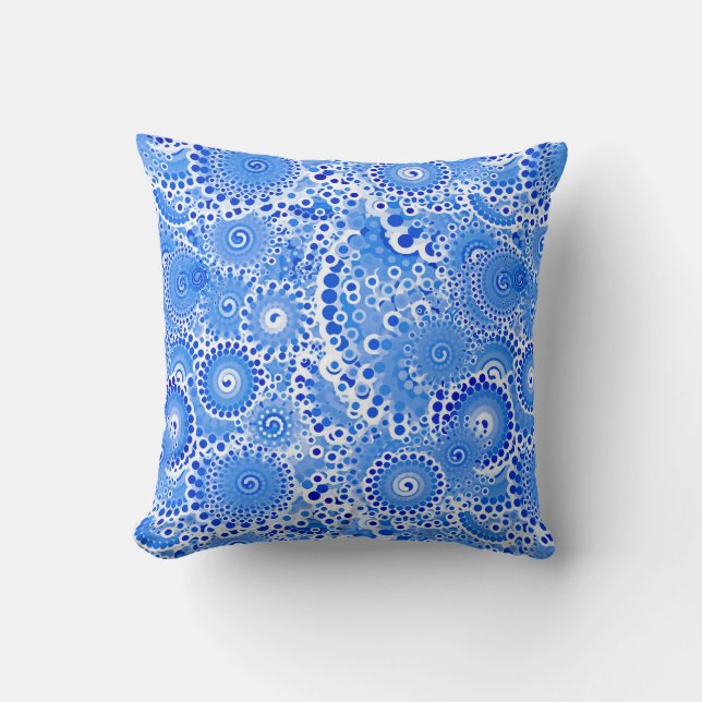 Fractal swirl pattern, blue and white throw pillow (Front)