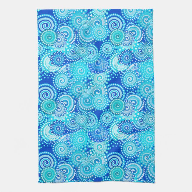 Fractal swirl pattern, cobalt blue kitchen towel (Vertical)