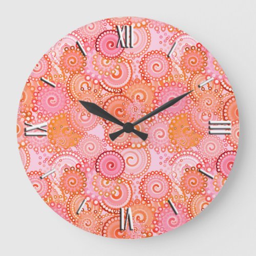 Fractal swirl pattern coral and pink large clock