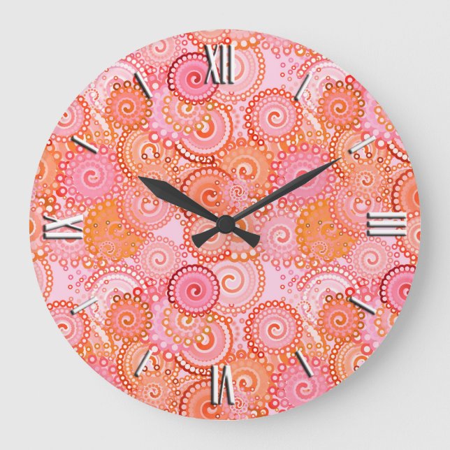 Fractal swirl pattern, coral and pink large clock (Front)