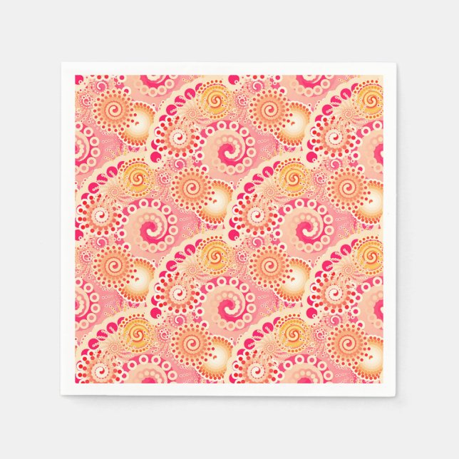 Fractal swirl pattern, coral, peach paper napkins (Front)