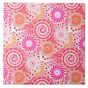 Fractal swirl pattern, coral, pink and cream ceramic tile