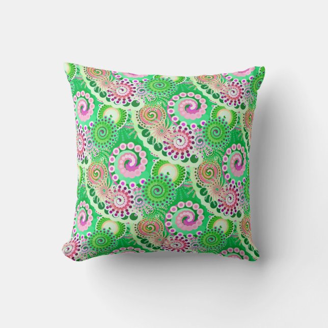 Fractal swirl pattern, green, pink, multi throw pillow (Front)