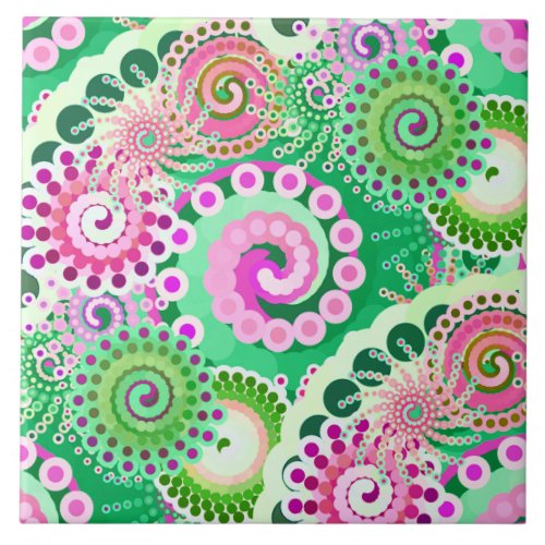 Fractal swirl pattern green pink multi tile