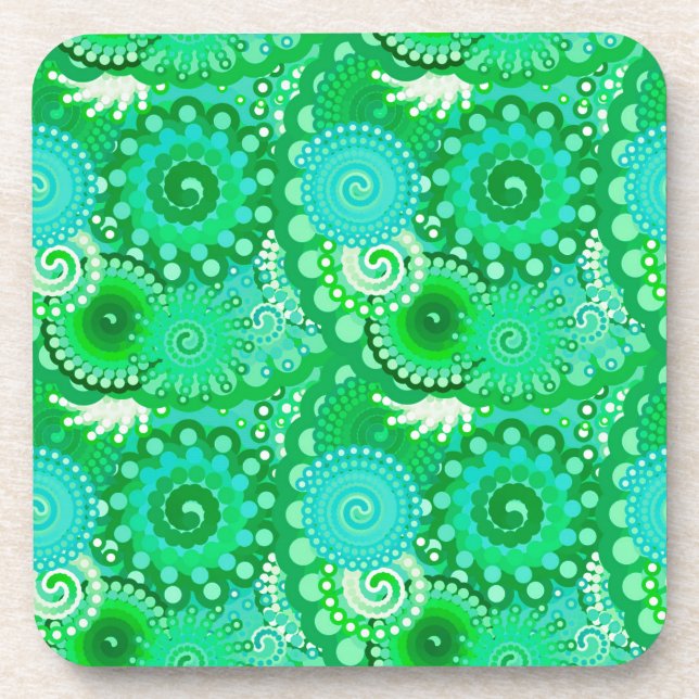Fractal swirl pattern, jade, turquoise, aqua beverage coaster (Front)