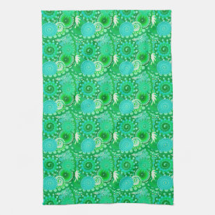 Fractal swirl pattern, jade, turquoise, aqua kitchen towel