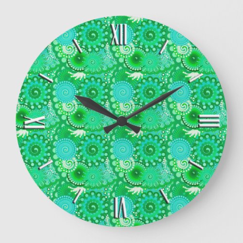 Fractal swirl pattern jade turquoise aqua large clock