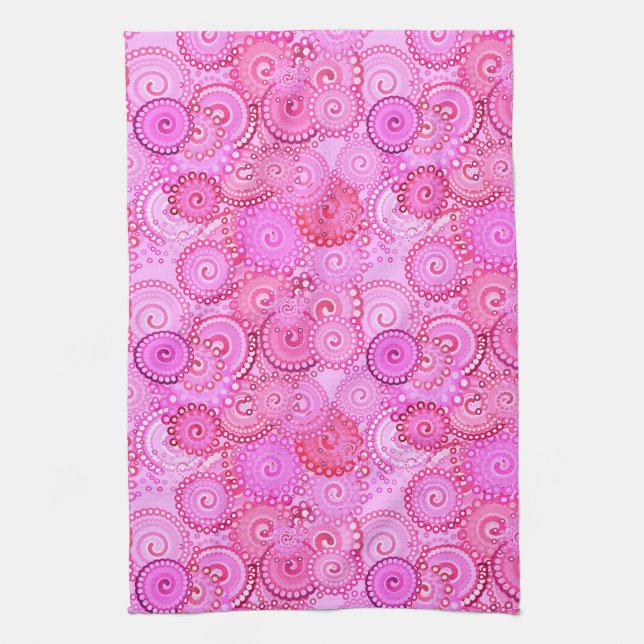 Fractal swirl pattern, pink and fuchsia kitchen towel (Vertical)