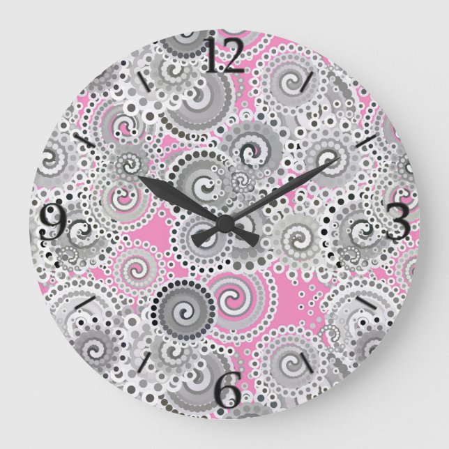 Fractal swirl pattern, pink and gray large clock (Front)