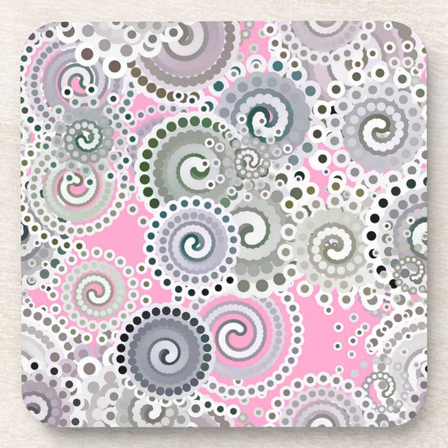 Fractal swirl pattern, pink and grey beverage coaster (Front)