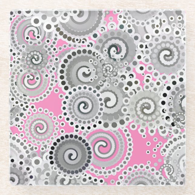 Fractal swirl pattern, pink and grey glass coaster (Front)