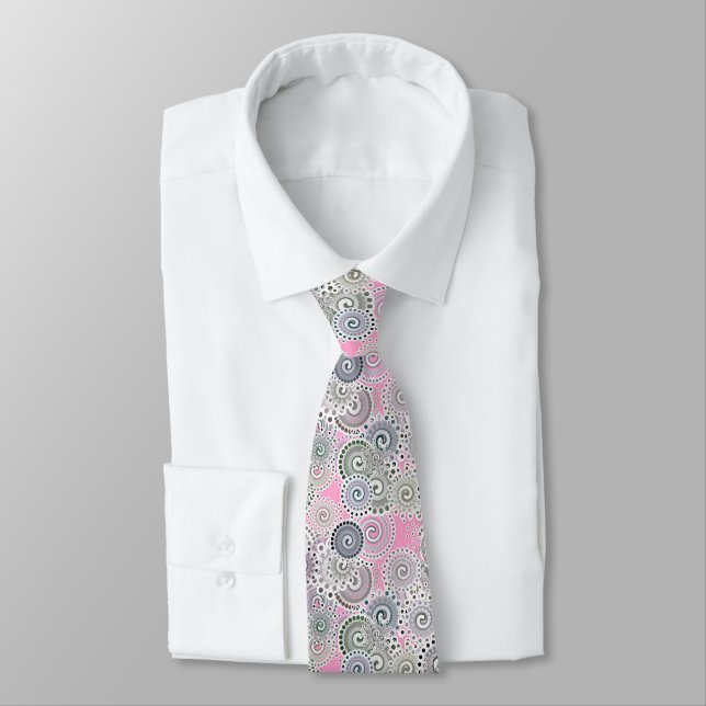 Fractal swirl pattern, pink and grey neck tie (Tied)
