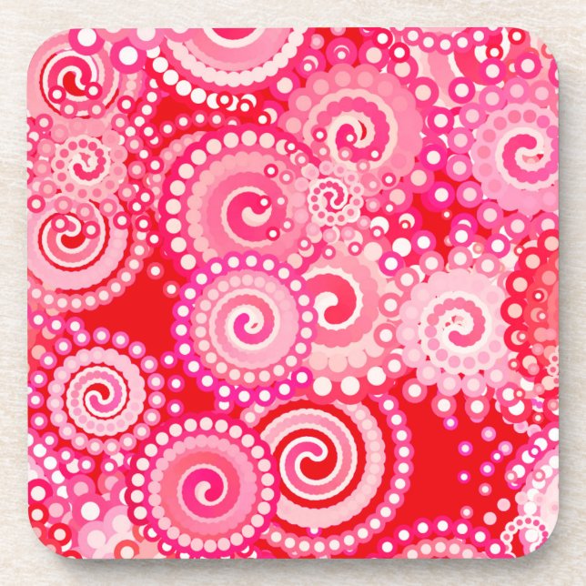 Fractal swirl pattern, red and hot pink beverage coaster (Front)