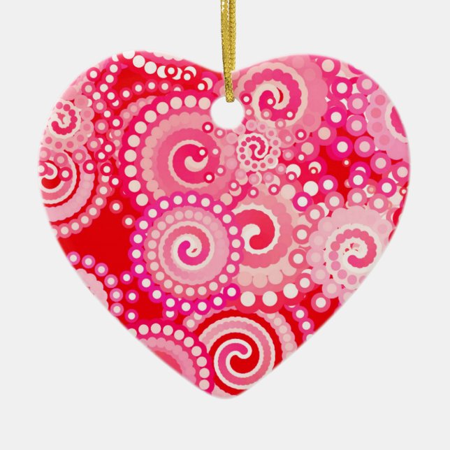 Fractal swirl pattern, red and hot pink ceramic ornament (Front)