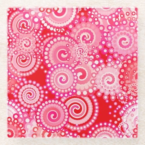 Fractal swirl pattern red and hot pink glass coaster