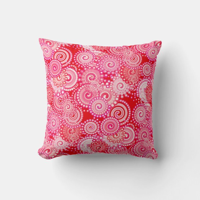 Fractal swirl pattern, red and hot pink throw pillow (Front)