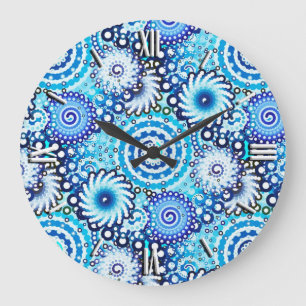 Fractal swirl pattern, shades of blue large clock