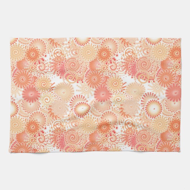 Fractal swirl pattern, shades of coral and peach kitchen towel (Horizontal)